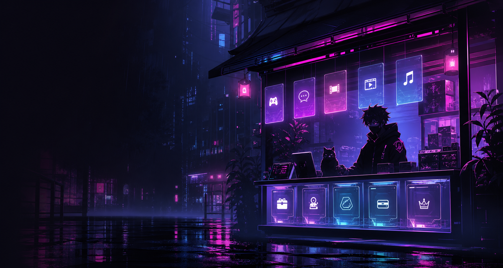 Ilustrasi dark anime cyberpunk untuk SANZE STORE